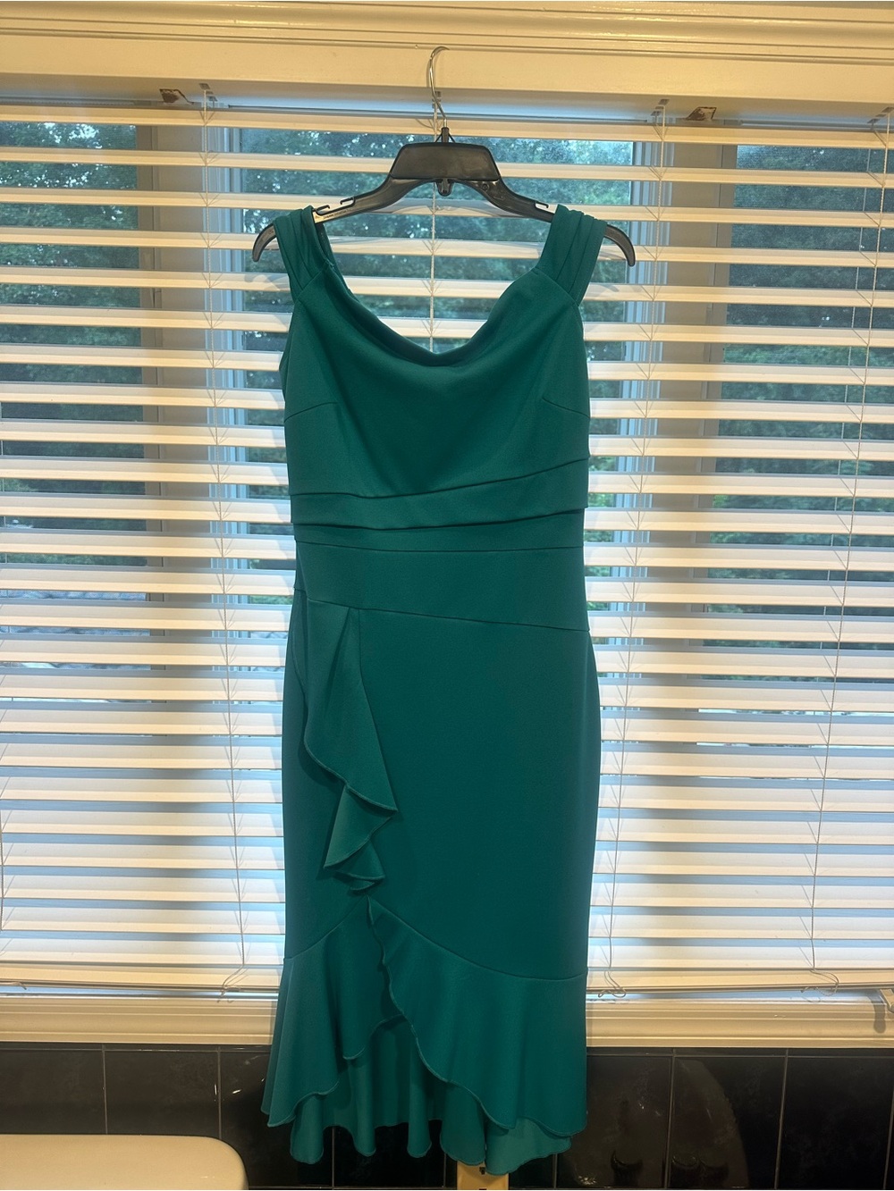 Teal Midi Dress with Draped Neckline and Cascade Ruffle